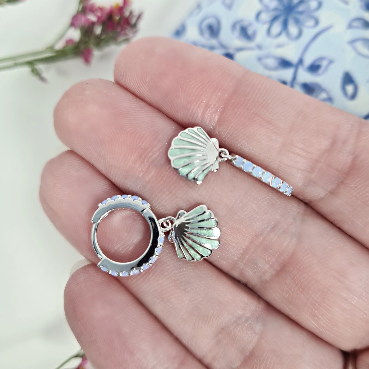 Blue Seashell Huggie Hoop Earrings