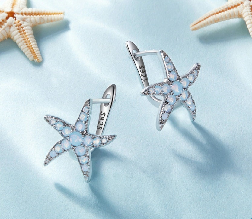 Blue Starfish Hoop Earrings