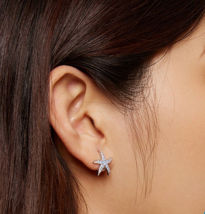 Blue Starfish Hoop Earrings