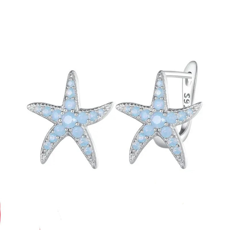 Blue starfish hoop earrings