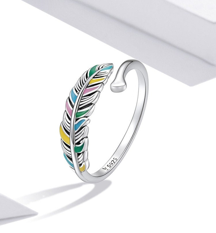 Silver Rainbow Feather Ring