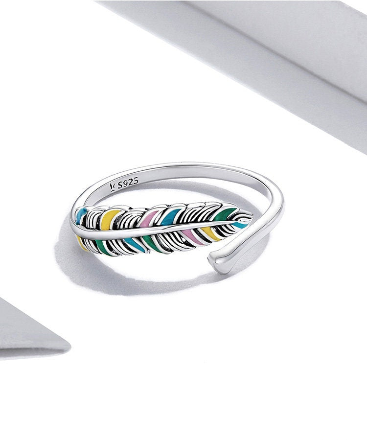 Silver Rainbow Feather Ring