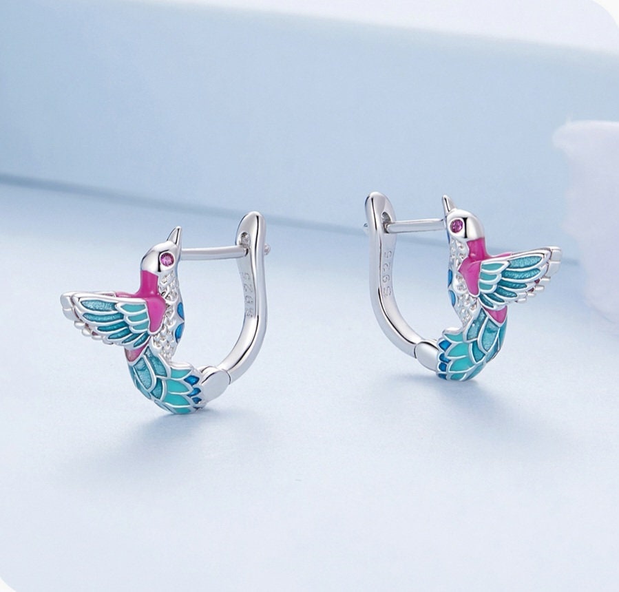 Silver Kingfisher Hoop Earrings